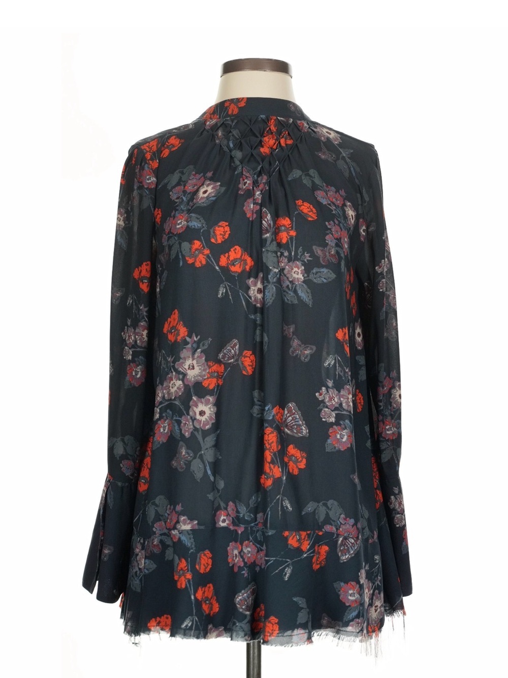 Free People Black Floral Tie-Back Bell-Sleeve Mini Dress - Picture 2 of 4